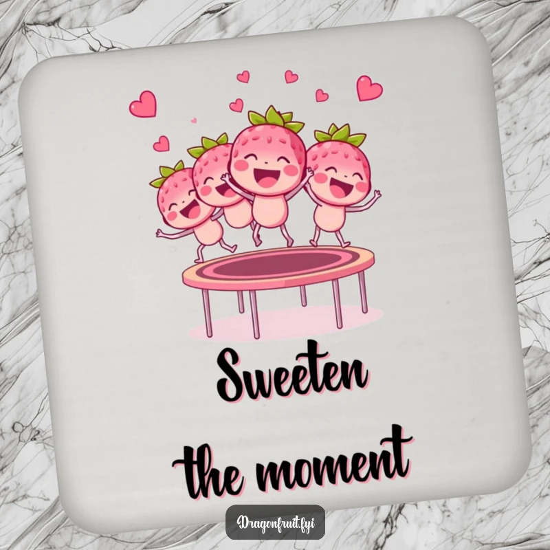 Funny giggling raspberry bunch coaster, bouncing on a trampoline, protecting surfaces with humorous berry charm.