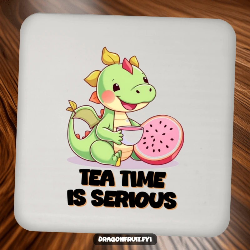 Funny happy dragonfruit character enjoying a tea party with a tiny teacup, a cute and humorous drink coaster.
