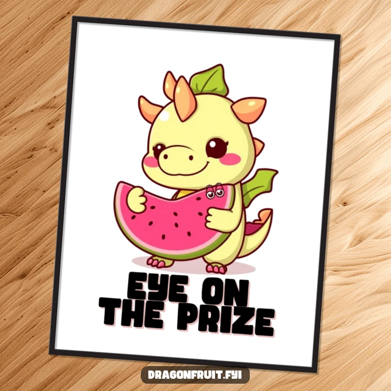 Funny Dragonfruit Poster: A mischievous dragonfruit with googly eyes offering a slice of itself, a hilarious piece of tropical wall art.