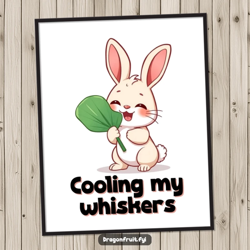 Funny Bunny Rabbit Fan Poster featuring a giggling rabbit fanning itself with a large leaf, ideal wall art.
