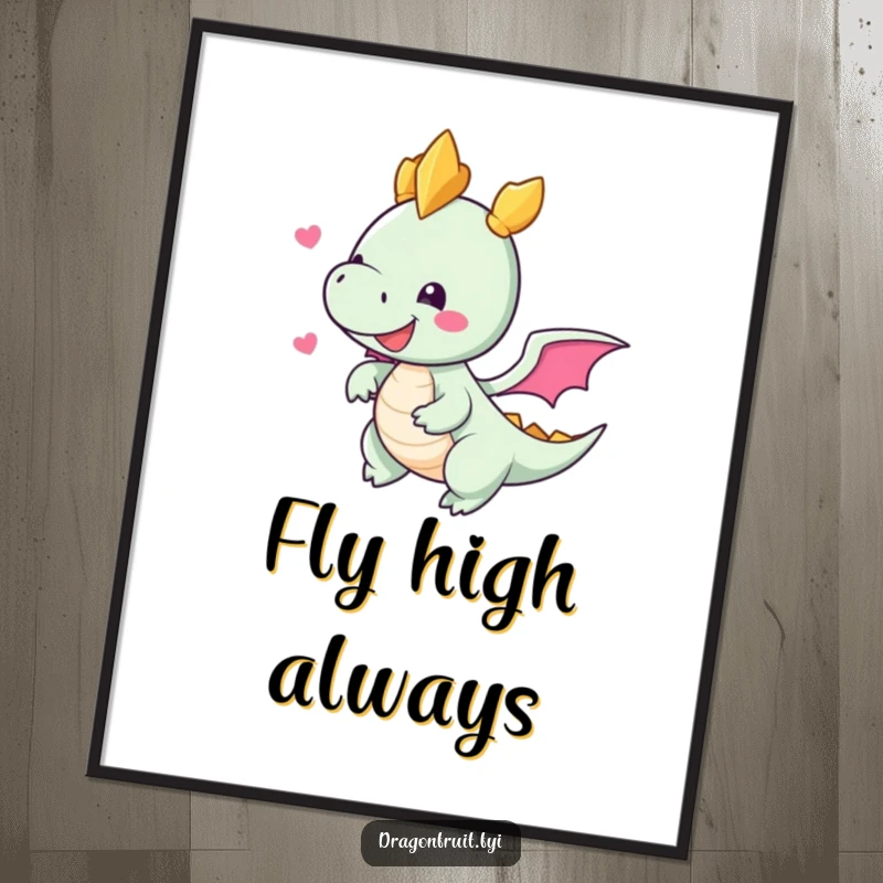 Funny poster of a dragonfruit character with small wings attempting flight, radiating tropical happiness and vibrant colors.