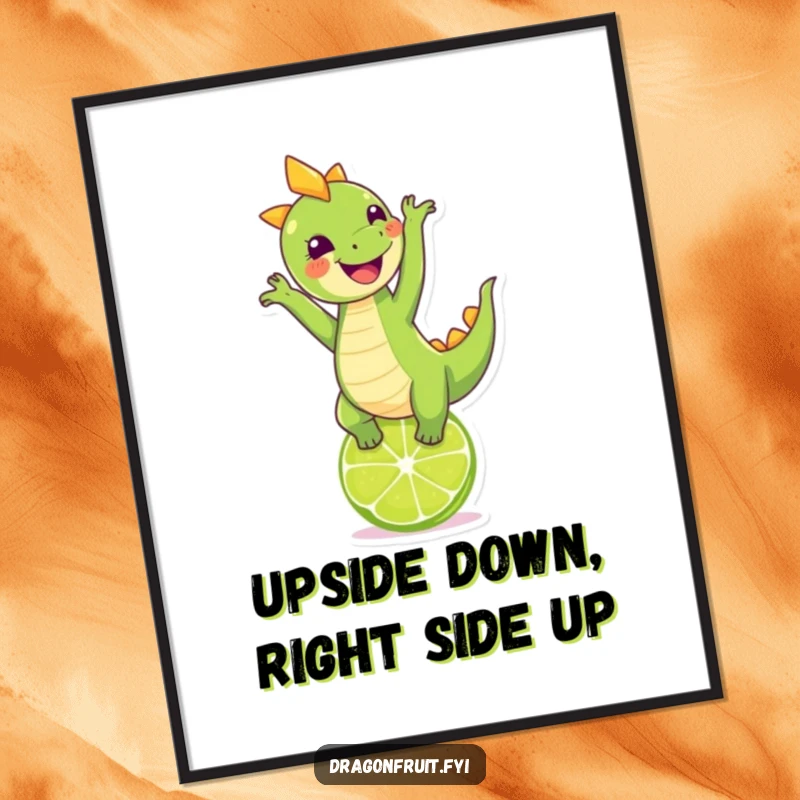 Funny giggling dragonfruit character doing a handstand on a lime, presented as a vibrant and humorous poster.