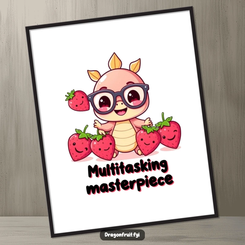 Funny poster of a miniature dragonfruit wearing glasses, energetically juggling three small strawberries, bringing cheer to any wall.
