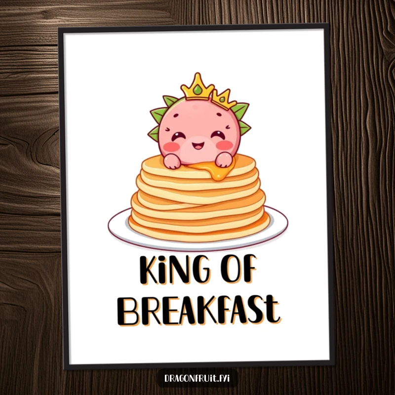 Funny Dragonfruit Poster: A delighted dragonfruit wearing a crown sits atop fluffy pancakes, a whimsical and charming art piece.
