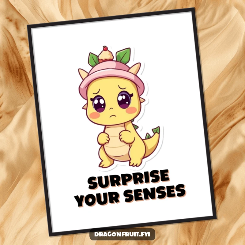 Funny poster art depicting a dragonfruit character with wide eyes, looking surprised as a tiny cupcake emerges from a hat, symbolizing magic and delight.