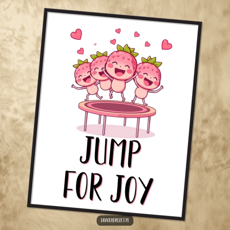 Funny giggling raspberry bunch poster, bouncing on a trampoline with glee, cheerful and humorous wall art.