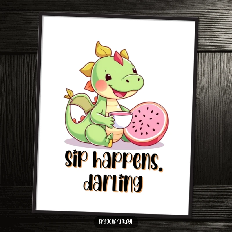 Funny happy dragonfruit character hosting a tea party with a tiny teacup, humorous and cute wall art.