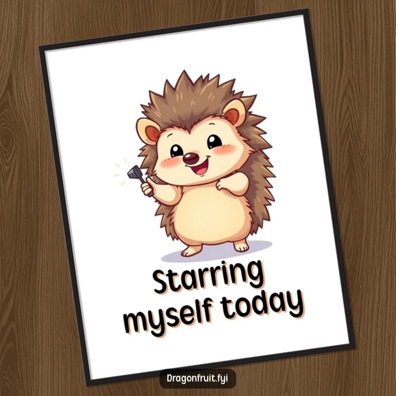 Funny Hedgehog Spotlight Poster featuring a happy hedgehog striking a dramatic pose under a tiny spotlight, wall art.