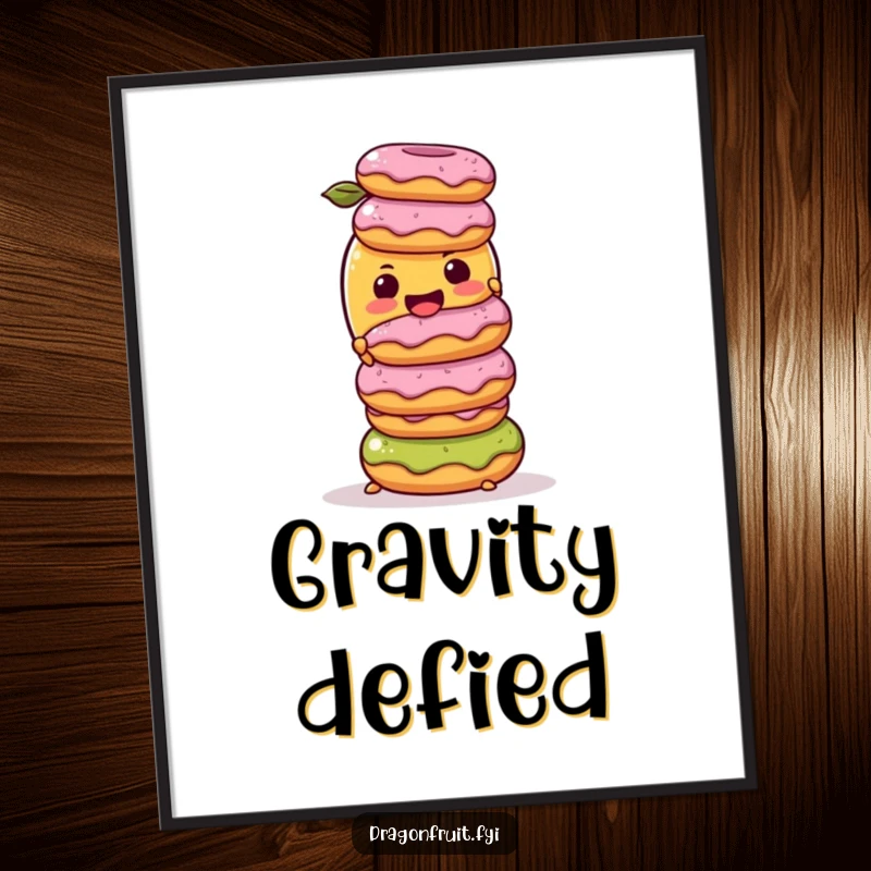 Funny Poster: A mango character attempting to balance a tall stack of donuts, a humorous artwork capturing confectionery chaos for wall decor.