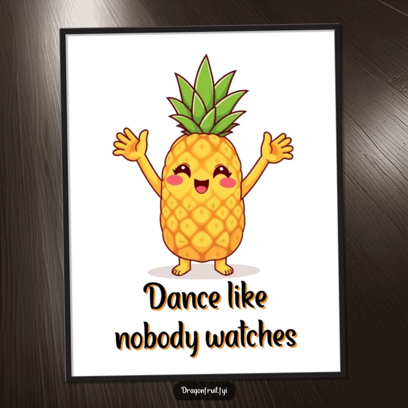 Funny poster showing a cheerful pineapple character joyfully dancing with raised arms, a celebration of pure fun.