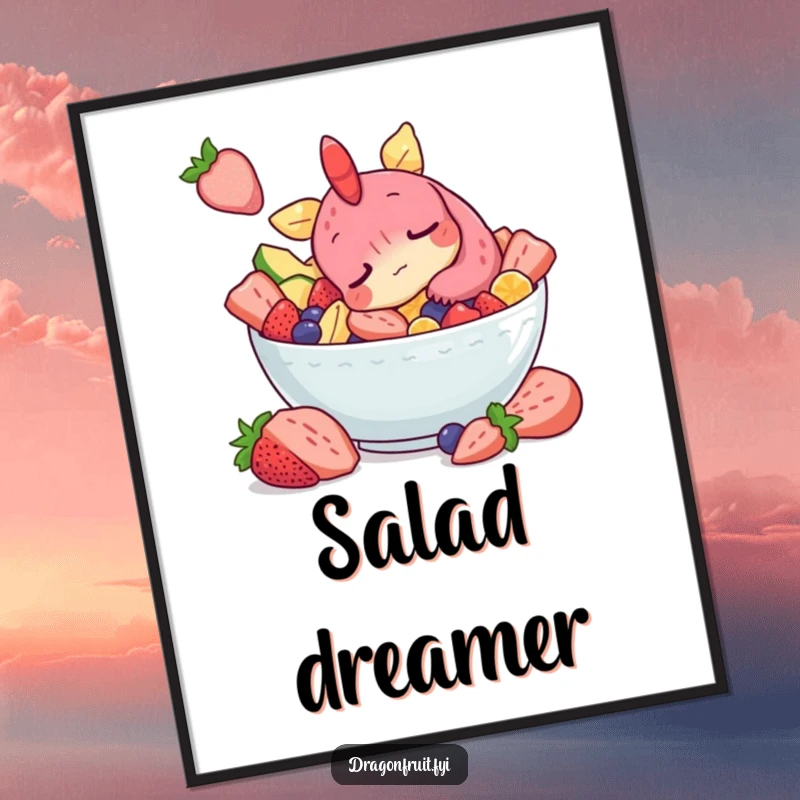 Funny poster of a sleepy dragonfruit character peacefully snoozing in a fruit salad, perfect for whimsical wall art.