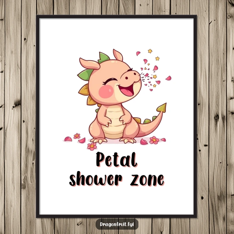 Funny poster art of a dragonfruit comically sneezing a shower of tiny flower petals, bringing vibrant, floral humor to the space.