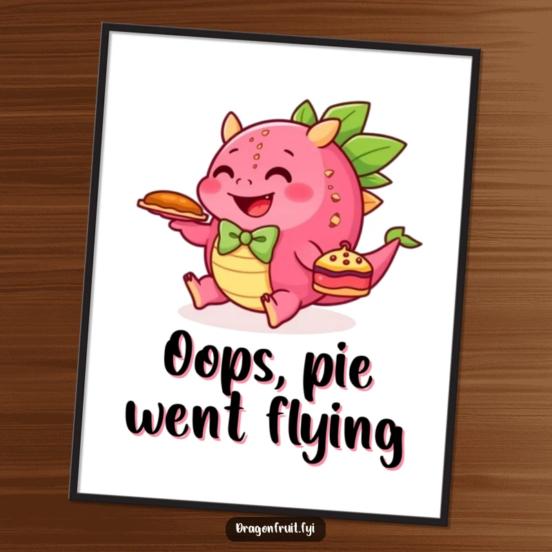 Funny poster of a dragonfruit in a bowtie tripping with a pie, humorous wall decor.