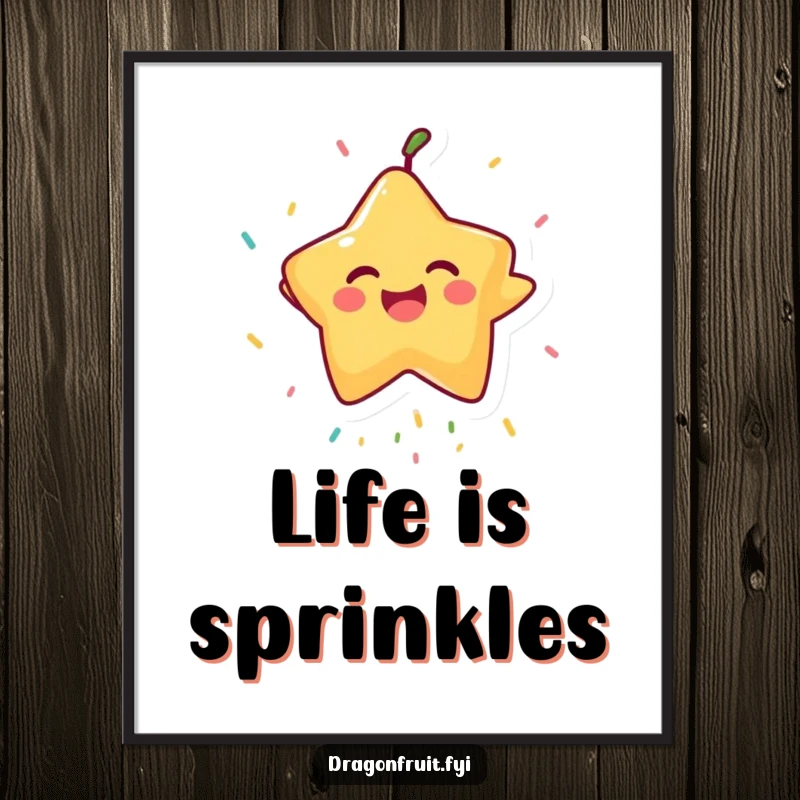 Funny Starfruit Poster: A laughing starfruit character reaching upwards to catch falling sprinkles, creating a joyous and humorous artwork.