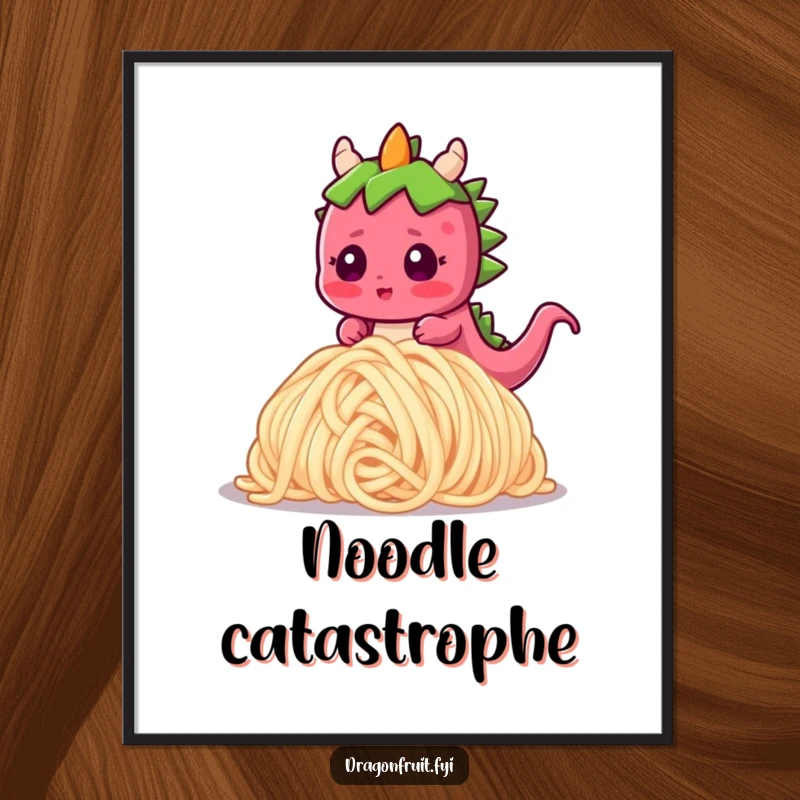 Funny poster showcasing a blushing dragonfruit character spectacularly tripping over a gigantic noodle, looking utterly surprised and embarrassed.