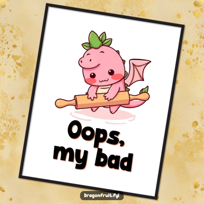 Funny poster illustrating a bashful dragonfruit character comically falling over a rolling pin, adding kitchen humor to walls.
