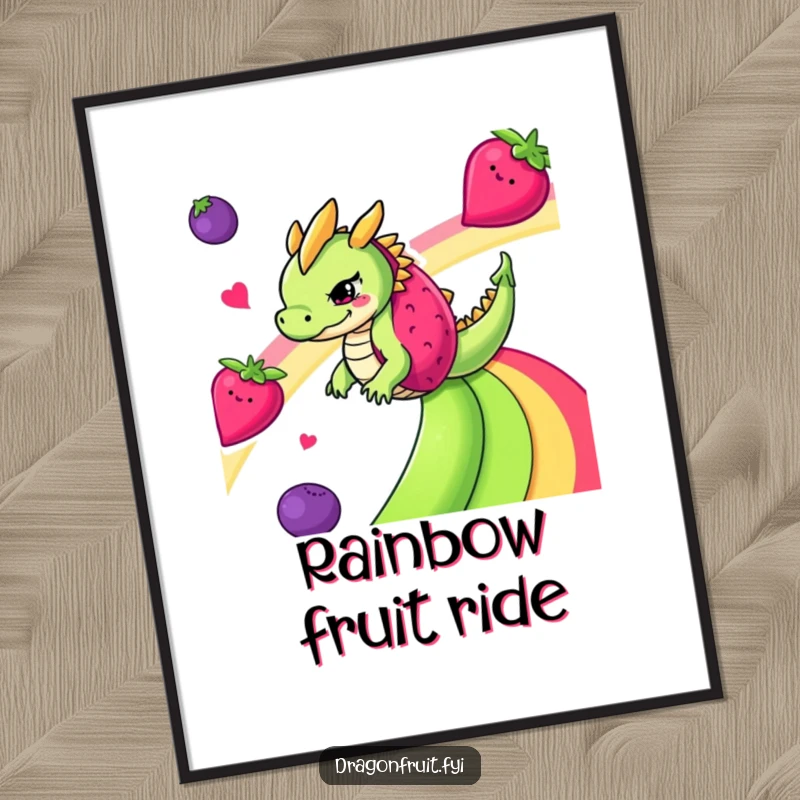 Funny mischievous dragonfruit gleefully sliding down a vibrant rainbow made entirely of fruits on a captivating poster.