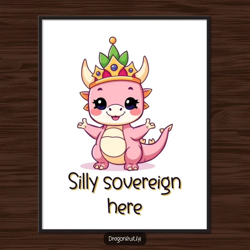 Funny poster art of a dragonfruit wearing a crown, striking a proud and silly pose, bringing regal humor to the space.