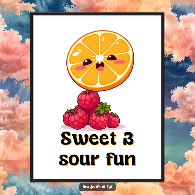 Funny poster depicting a winking orange slice in mid-air over a stack of giggling raspberries. Whimsical fruit art.