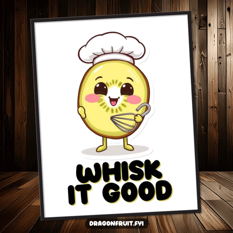 Funny poster showing a smiling kiwi slice in a chef hat enthusiastically whisking batter, a delightful baking scene.