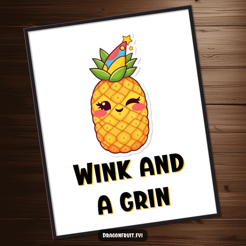 Funny poster showcasing a starry pineapple wearing a party hat and winking mischievously, adding festive humor to walls.