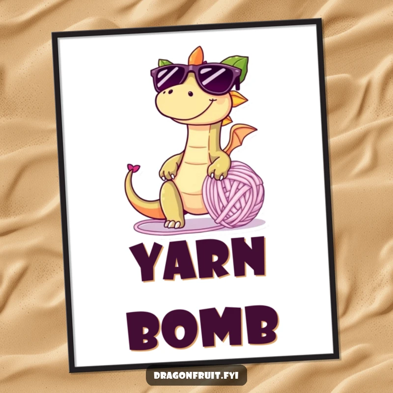 Funny poster of a dragonfruit with oversized sunglasses and mischievous grin, tripping over a giant yarn ball, celebrating playful chaos.