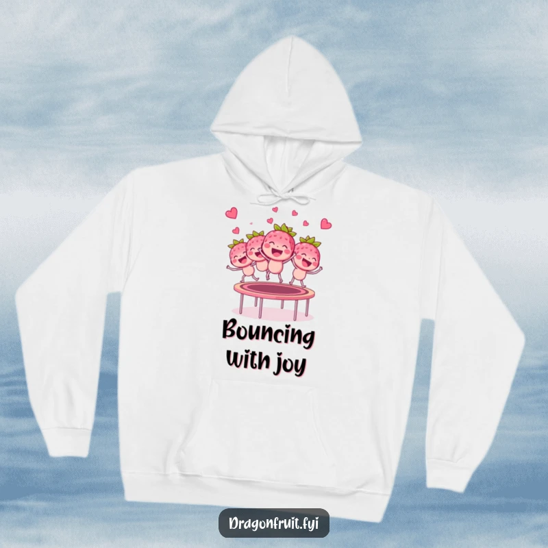 Funny giggling raspberry bunch hoodie, bouncing on a trampoline with glee, soft and humorous apparel.