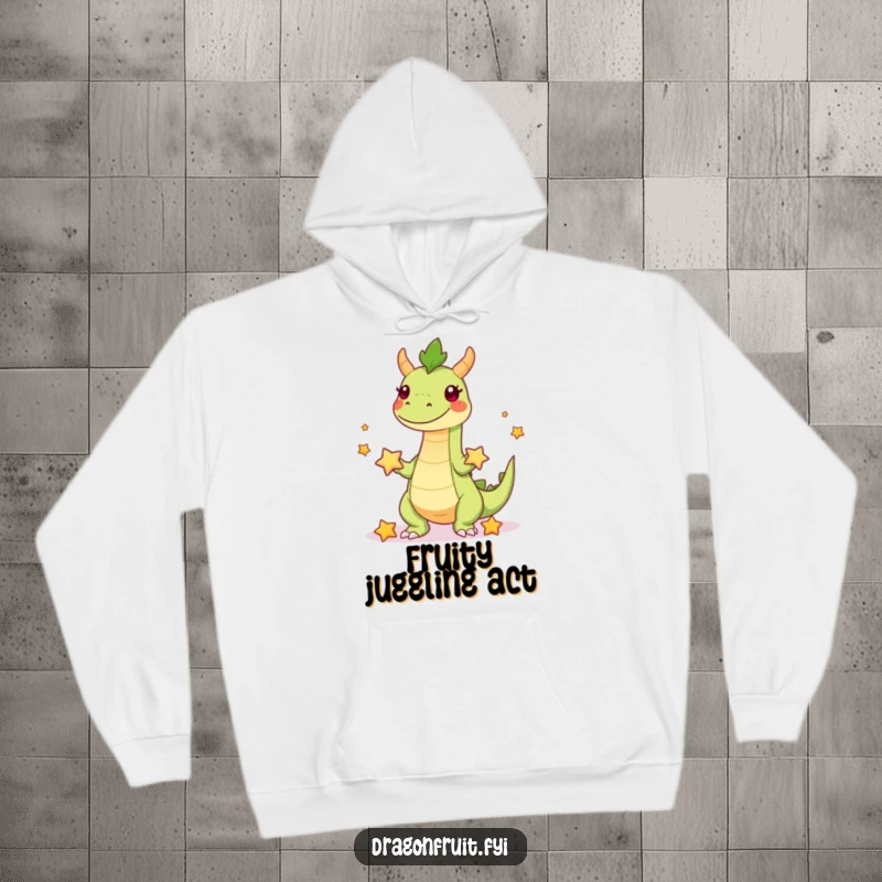 Funny hoodie showcasing a playful dragonfruit character with legs juggling starfruit, offering cozy comfort and tropical humor.