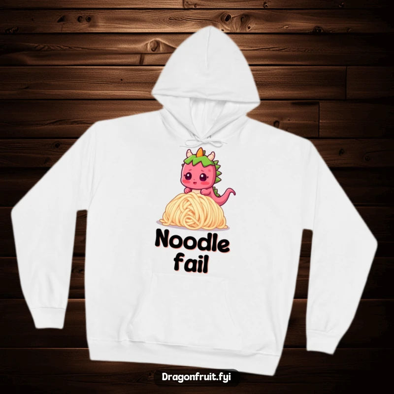Funny hoodie print of a blushing dragonfruit character comically tripping over an oversized noodle with a surprised expression.