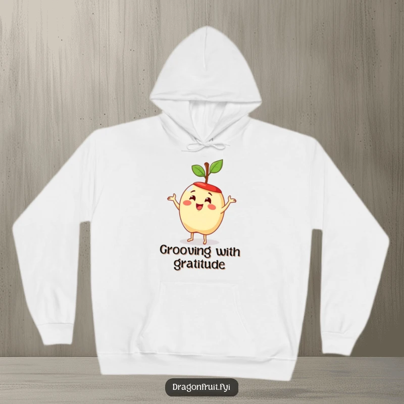 Funny hoodie featuring a delighted apple with a stem hat, doing a silly dance. Cozy and humorous fruit-themed apparel.