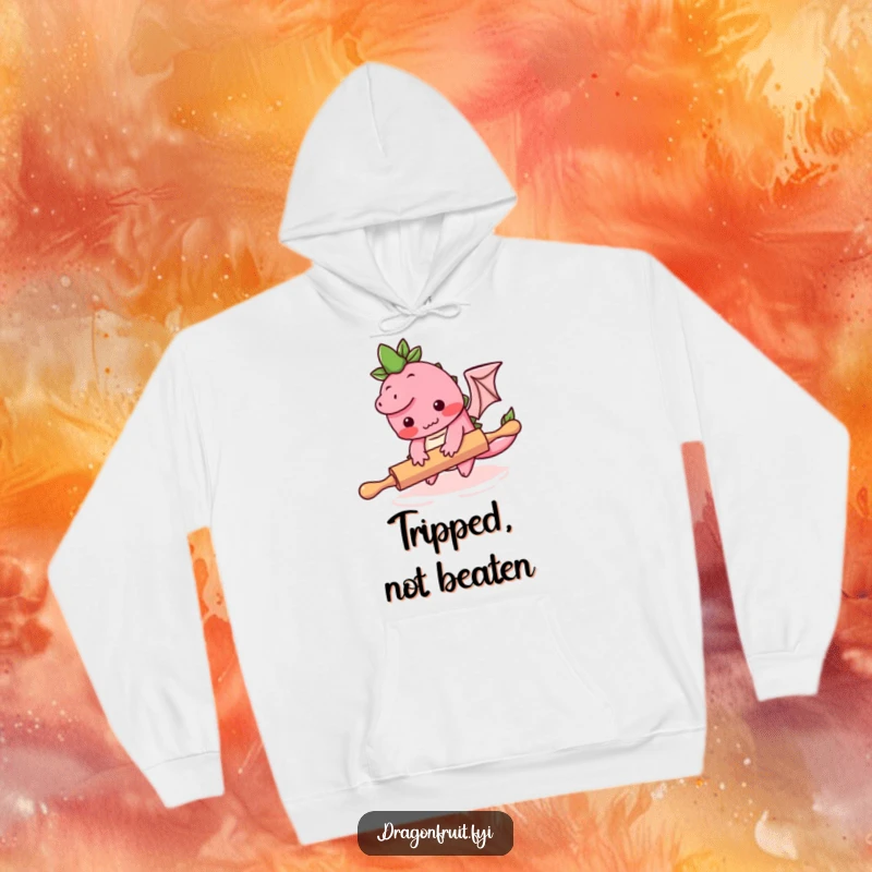 Funny hoodie depicting a shy dragonfruit character falling over a rolling pin, perfect for warm, humorous lounging.