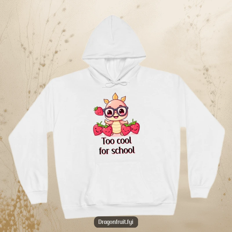 Funny hoodie illustrating a small happy dragonfruit with oversized glasses, juggling three smiling strawberries, perfect for cozy fun.