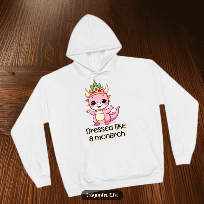 Funny hoodie shows a dragonfruit wearing a crown, striking a proud and silly pose, offering cozy regal humor.