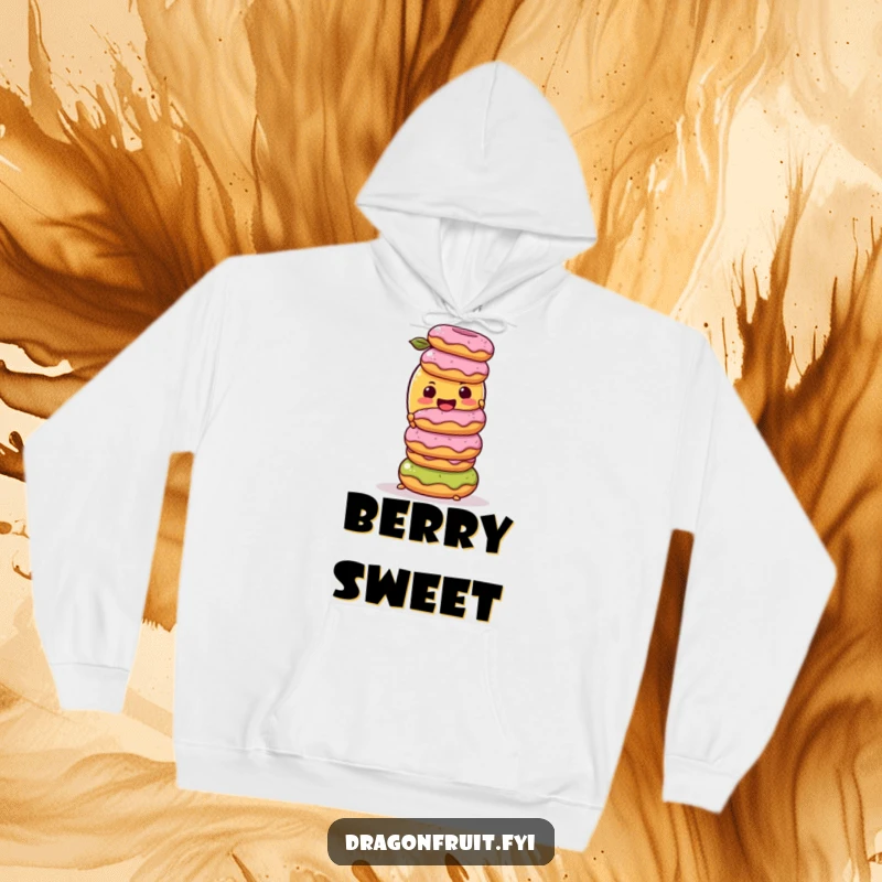 Funny Hoodie: A mango character precariously balancing a stack of donuts, offering warmth and a hilarious, sweet-themed design.
