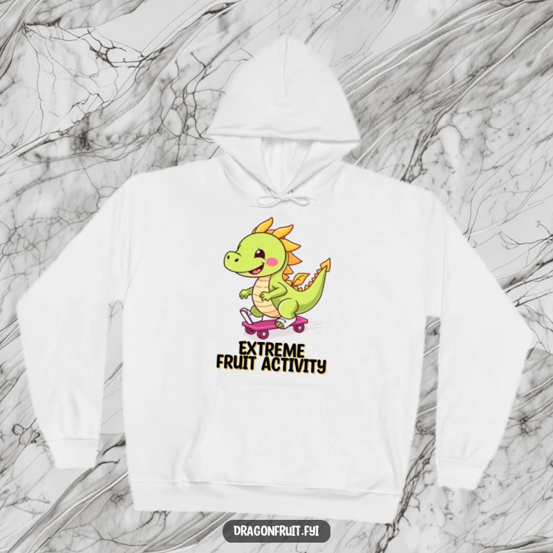 Funny hoodie depicting a happy dragonfruit character in roller skates, zipping along with a big smile, radiating fun and movement.