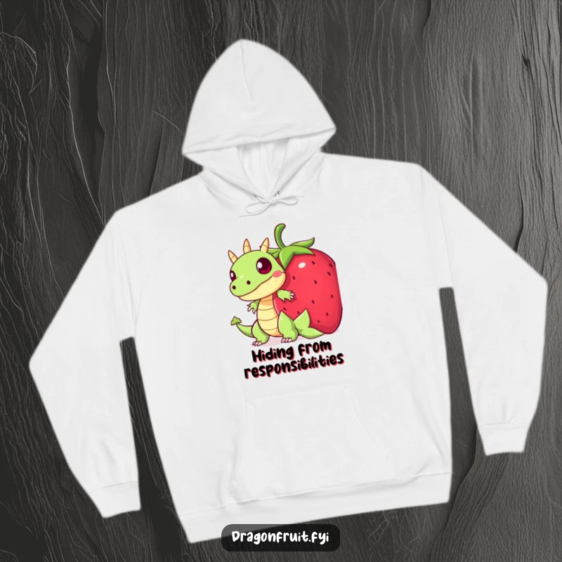 Funny hoodie depicting a startled dragonfruit character concealed behind a giant strawberry, perfect for cozy, humorous wear.