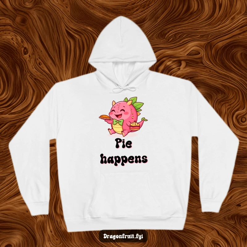Funny hoodie shows a happy dragonfruit in a bowtie tripping while holding a pie, a cozy and amusing clothing item.