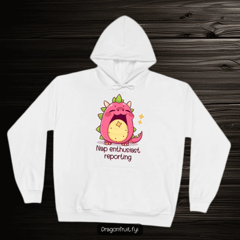 Funny yawning dragonfruit hoodie, mouth wide open, releasing a tiny star-shaped bubble of sleepiness, soft and cozy.