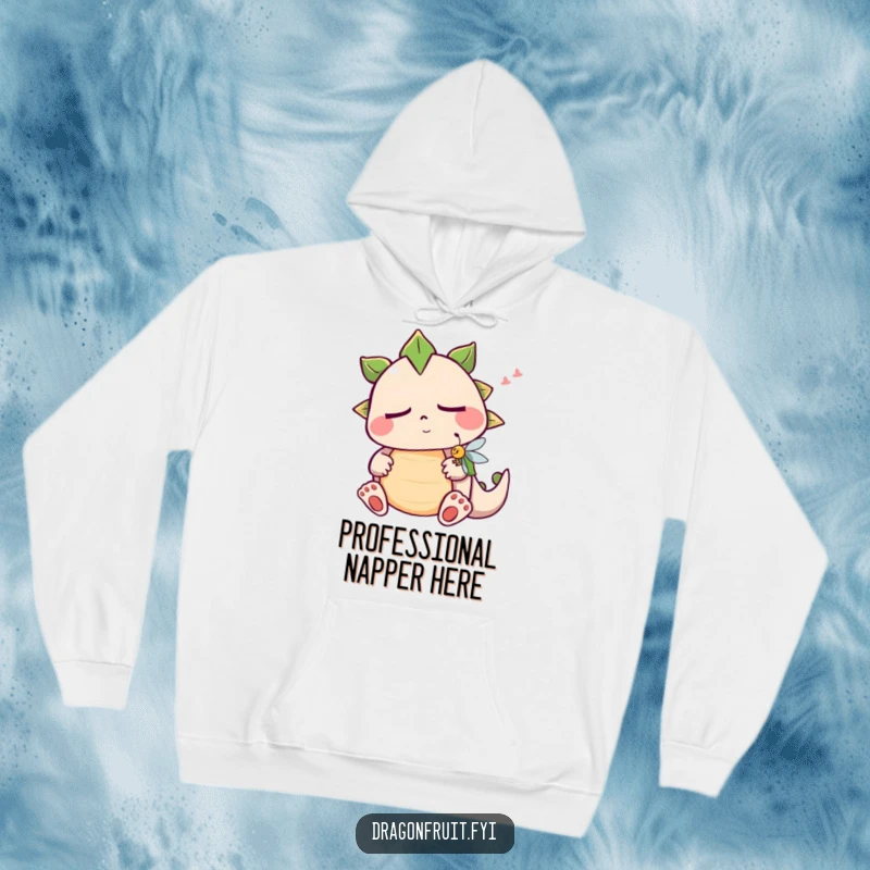 Funny sleepy dragonfruit hoodie featuring a snoring fruit character, conveying ultimate relaxation and comfort for a cozy day.