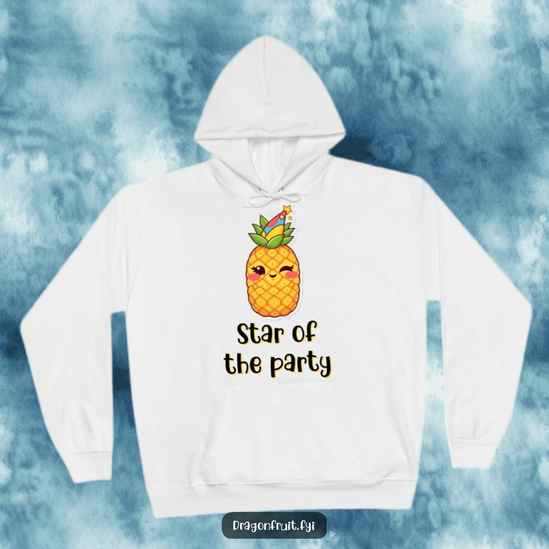 Funny hoodie featuring a starry pineapple wearing a party hat and winking mischievously, offering cozy comfort and festive humor.