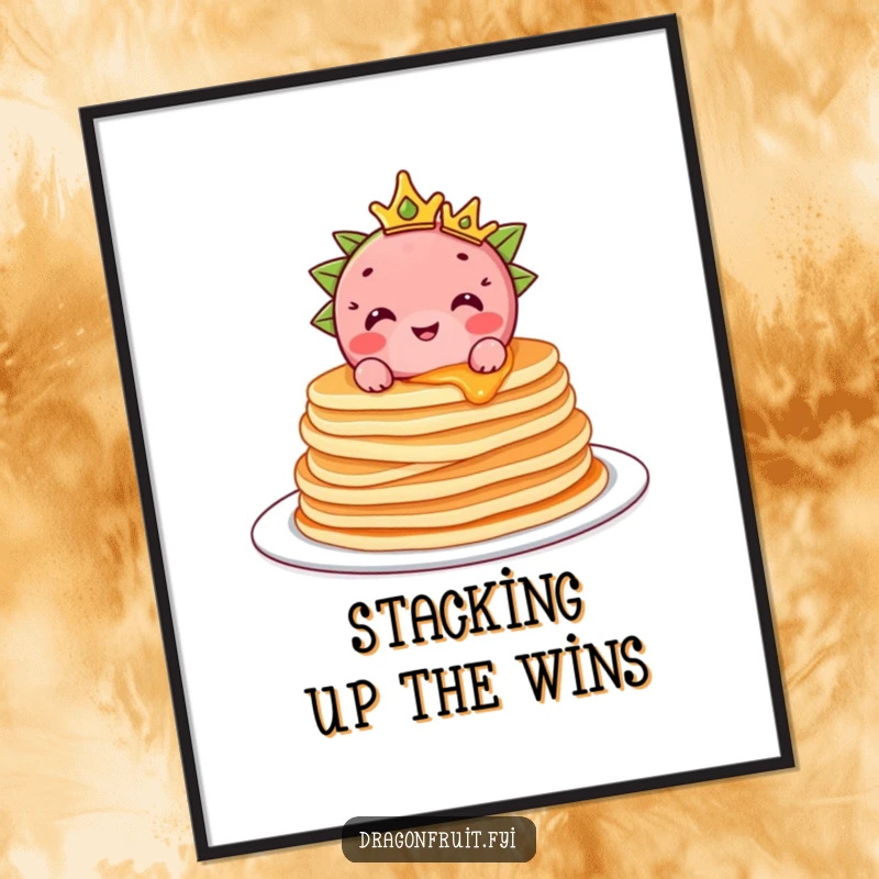 Funny Free Printable Wall Art: A crowned dragonfruit perched atop pancakes, a humorous and charming decor piece.