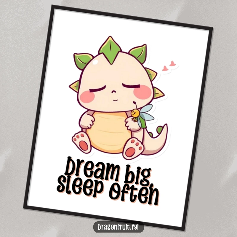 Funny Free Printable Wall Art: A sleepy dragonfruit character snoring peacefully, a small fruit fly buzzing nearby, whimsical decor.