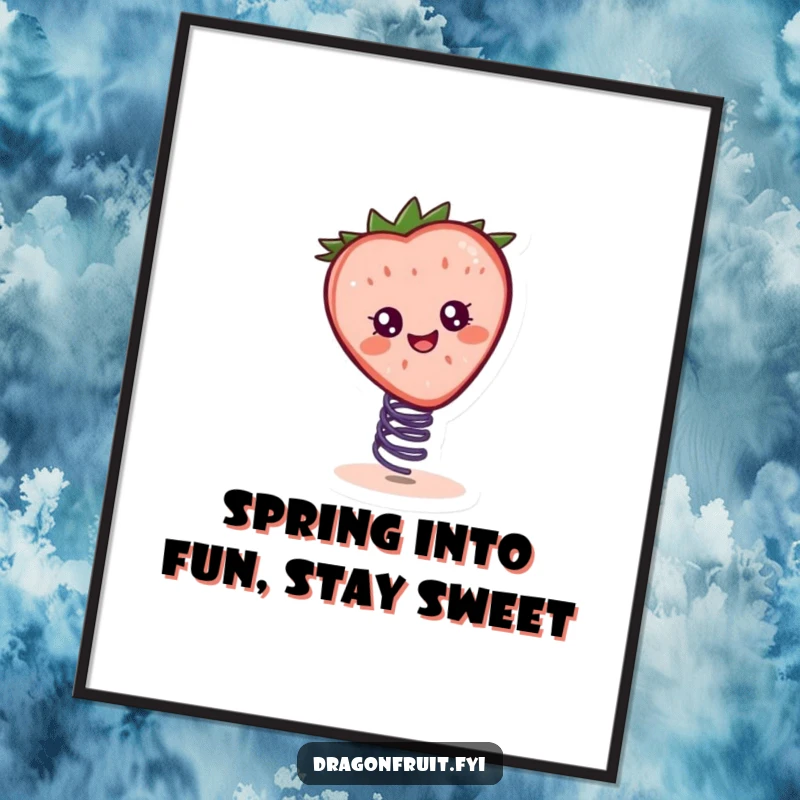 Funny Free Printable Wall Art: Cheerful Strawberry Slice with Eyes Bouncing Merrily on a Tiny Spring