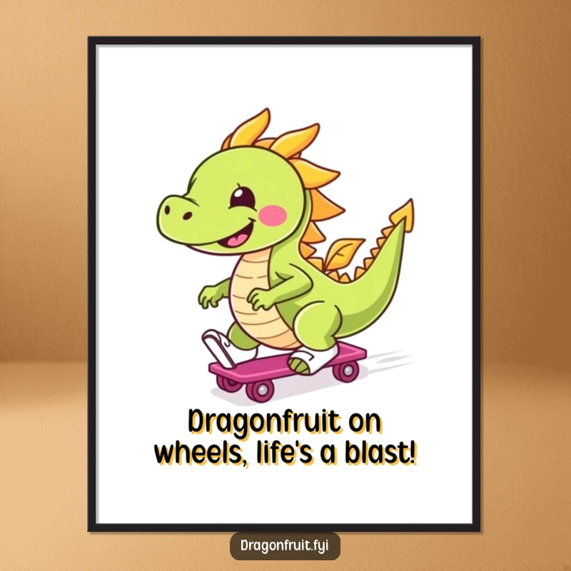 Funny Free Printable Wall Art: A smiling dragonfruit on roller skates, mid-zoom, radiating cheerful energy, downloadable decor.