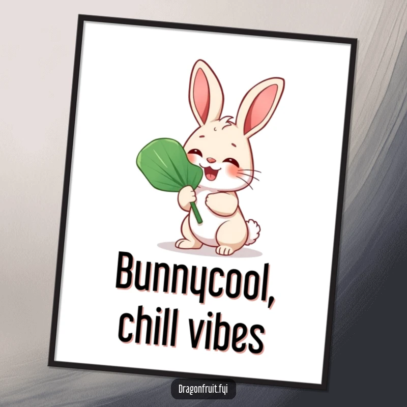 Funny Free Printable Wall Art depicting a giggling bunny rabbit enthusiastically fanning itself with a large leaf, adding a humorous touch.