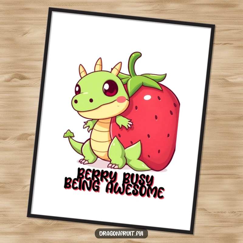 Funny Free Printable Wall Art of a startled dragonfruit character partially hidden behind a giant, vibrant strawberry.