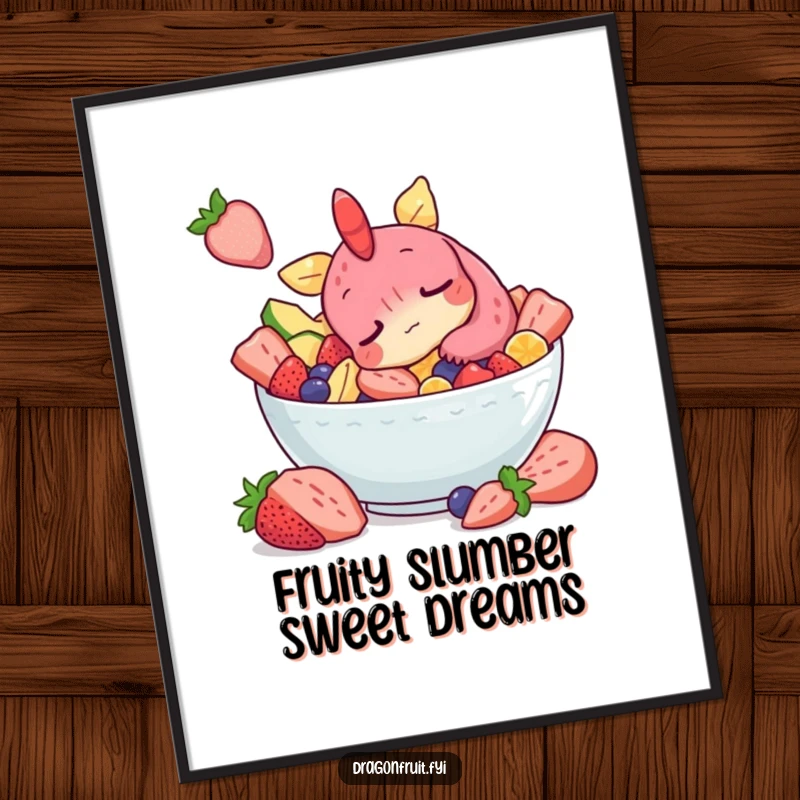 Funny Free Printable Wall Art: Sleepy dragonfruit character snoozing peacefully in a fruit salad bowl, a whimsical DIY decor.