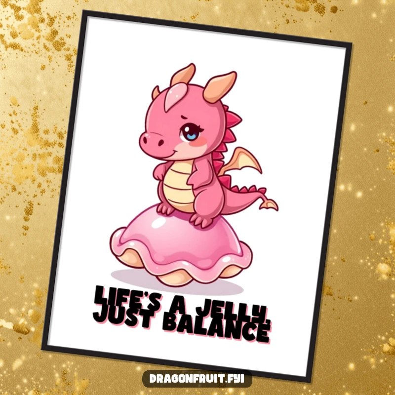 Funny Free Printable Wall Art: A cartoon dragonfruit character attempting to maintain balance on a jiggly jelly, full of humorous charm.