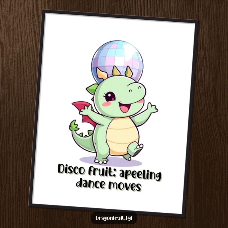 Funny Free Printable Wall Art: A joyful round dragonfruit character dancing energetically under a glittering disco ball.