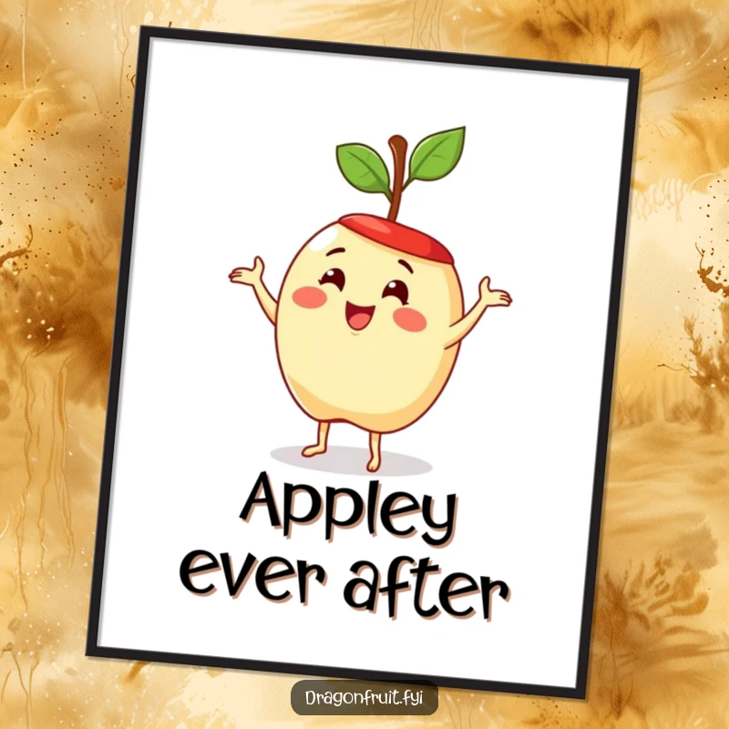 Funny free printable wall art of a delighted apple wearing a hat made from its stem, doing a silly dance.